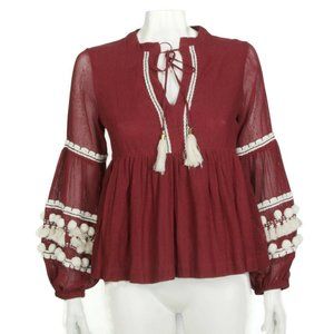 Anthropologie Vineet Bahl Indian Nisha Peasant Tunic Top Red Tassel Boho XS 606